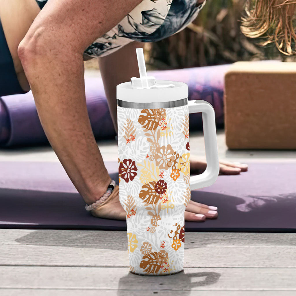Brown Aloha Hawaiian Tumbler With Handle Monstera Hibiscus Tropical Pattern LT19 - Polynesian Pride