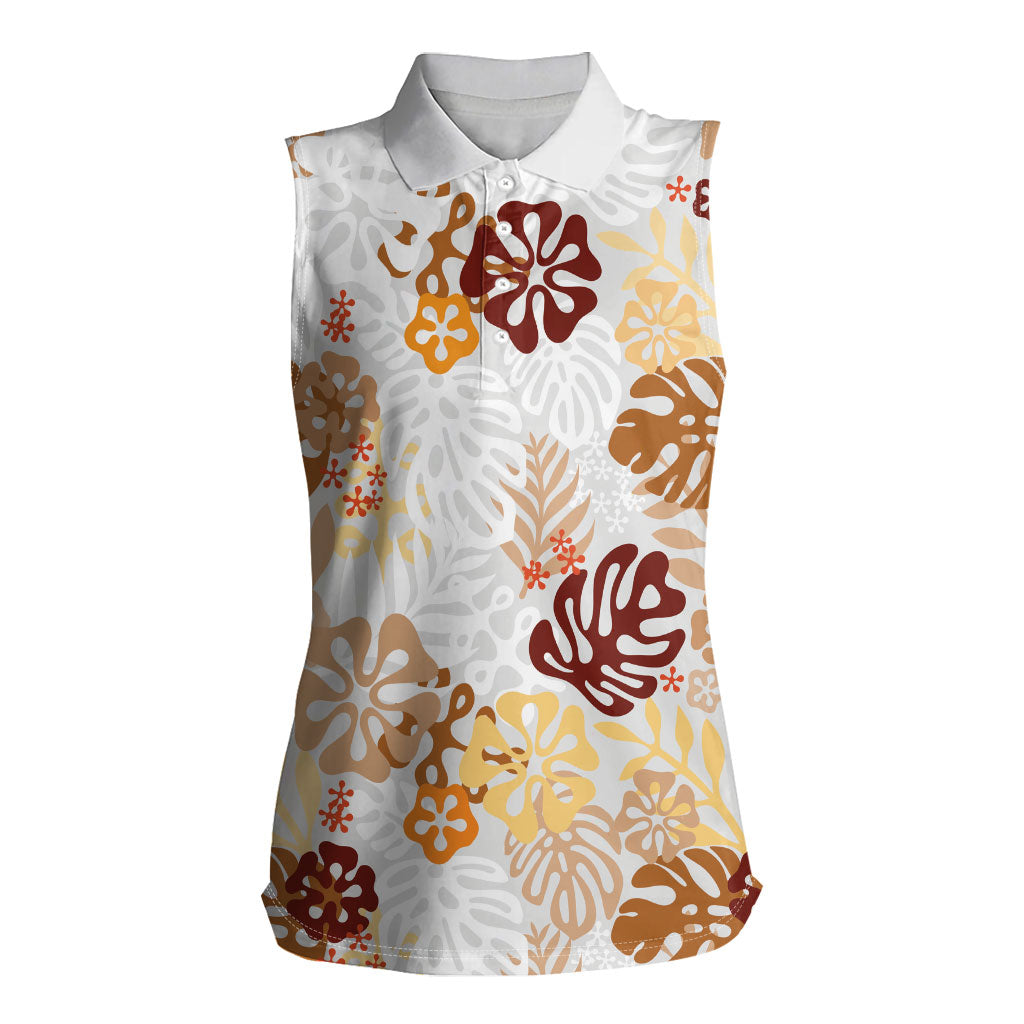 Brown Aloha Hawaiian Women Sleeveless Polo Shirt Monstera Hibiscus Tropical Pattern LT19 Female Brown - Polynesian Pride