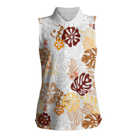 Brown Aloha Hawaiian Women Sleeveless Polo Shirt Monstera Hibiscus Tropical Pattern LT19 Female Brown - Polynesian Pride