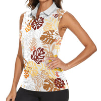 Brown Aloha Hawaiian Women Sleeveless Polo Shirt Monstera Hibiscus Tropical Pattern LT19 - Polynesian Pride