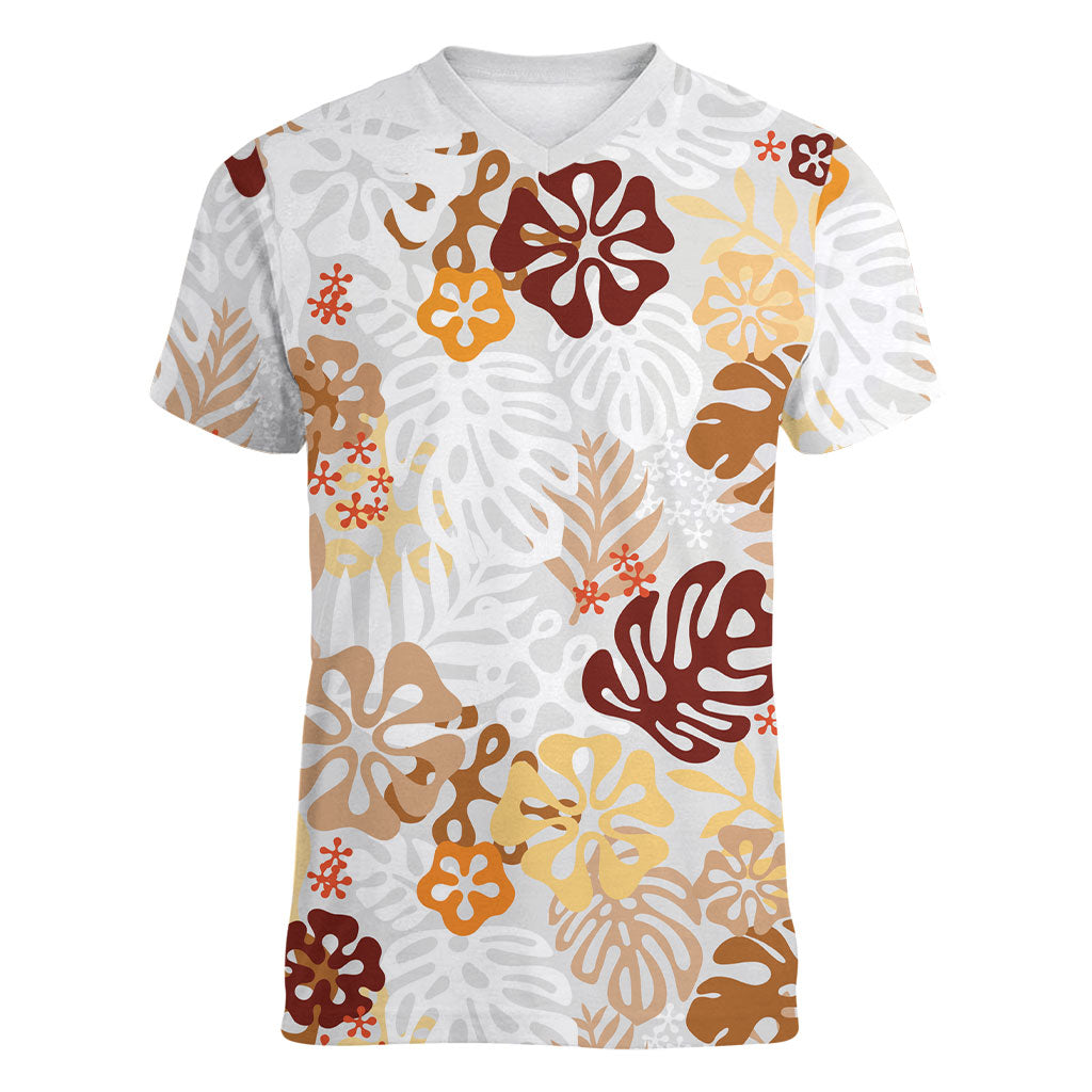 Brown Aloha Hawaiian Women V-Neck T-Shirt Monstera Hibiscus Tropical Pattern LT19 Female Brown - Polynesian Pride