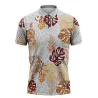 Brown Aloha Hawaiian Zipper Polo Shirt Monstera Hibiscus Tropical Pattern LT19 Brown - Polynesian Pride