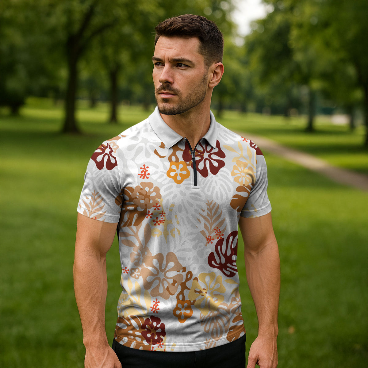 Brown Aloha Hawaiian Zipper Polo Shirt Monstera Hibiscus Tropical Pattern LT19 - Polynesian Pride