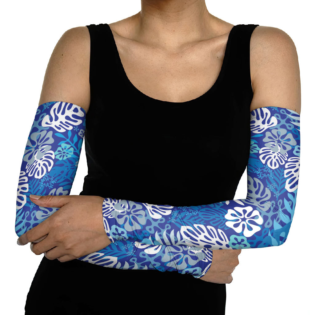 Blue Aloha Hawaiian Arm Sleeves Monstera Hibiscus Tropical Pattern LT19 - Polynesian Pride