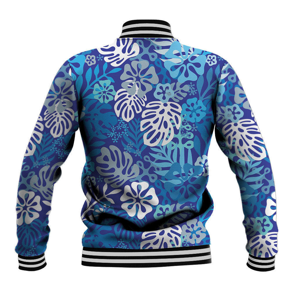 Blue Aloha Hawaiian Baseball Jacket Monstera Hibiscus Tropical Pattern LT19 - Polynesian Pride