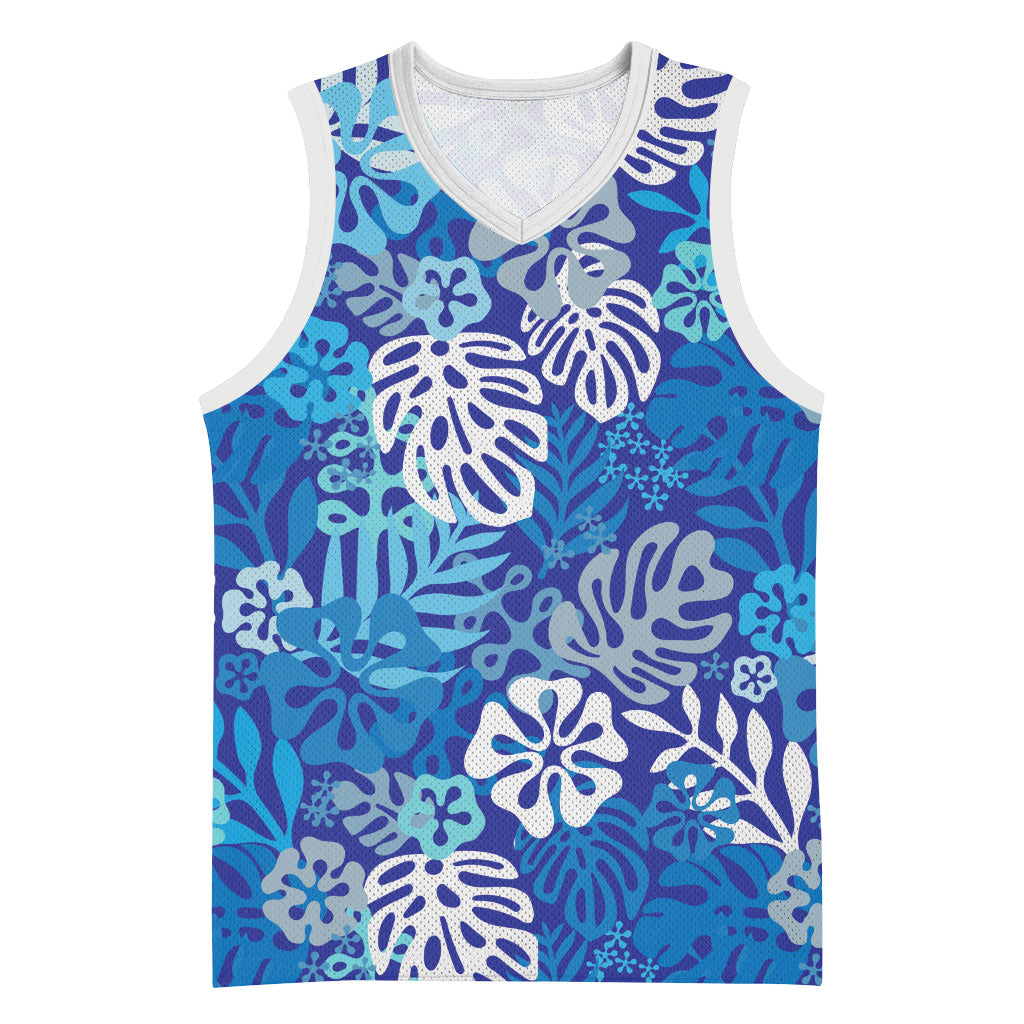 Blue Aloha Hawaiian Basketball Jersey Monstera Hibiscus Tropical Pattern LT19 Unisex Blue - Polynesian Pride