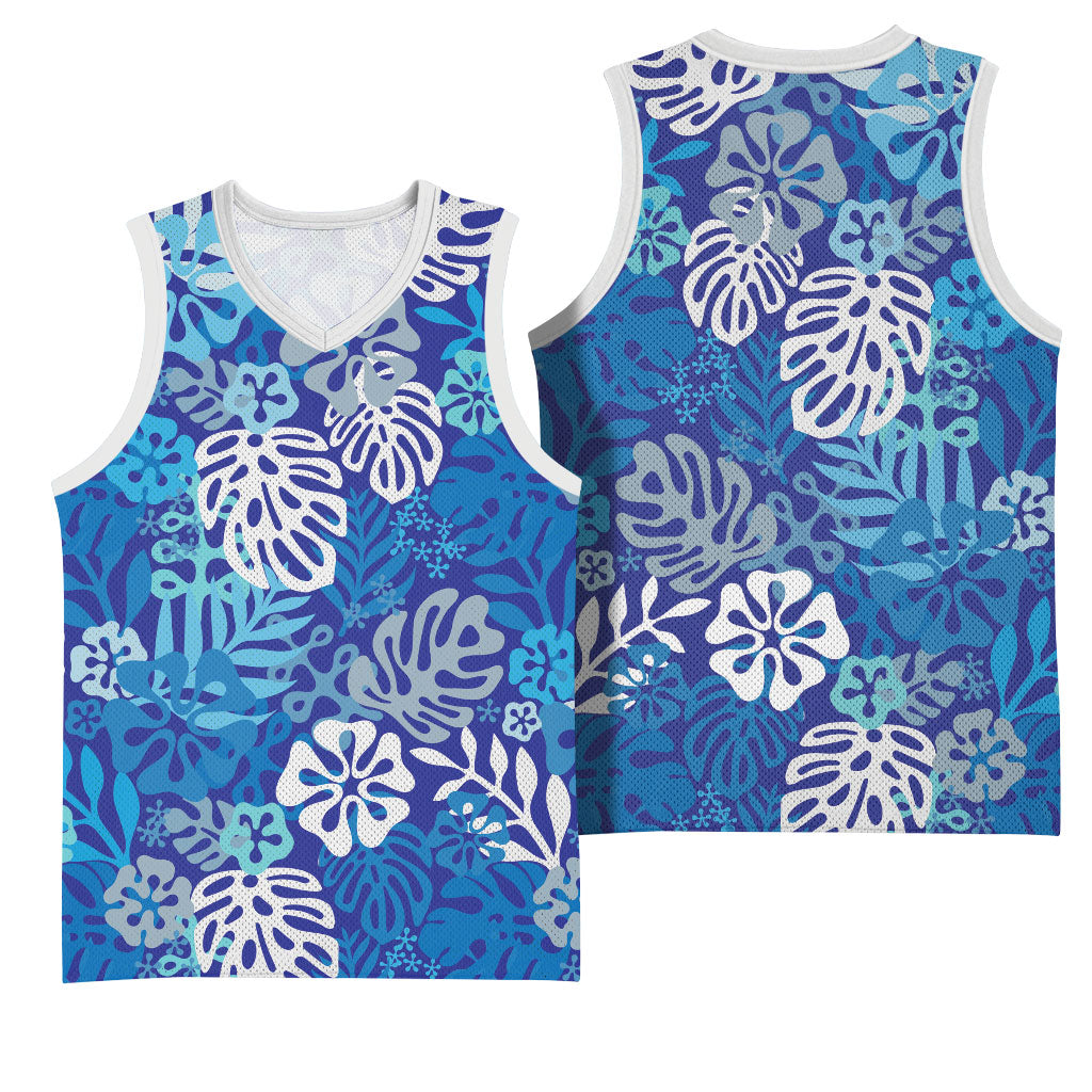 Blue Aloha Hawaiian Basketball Jersey Monstera Hibiscus Tropical Pattern LT19 - Polynesian Pride