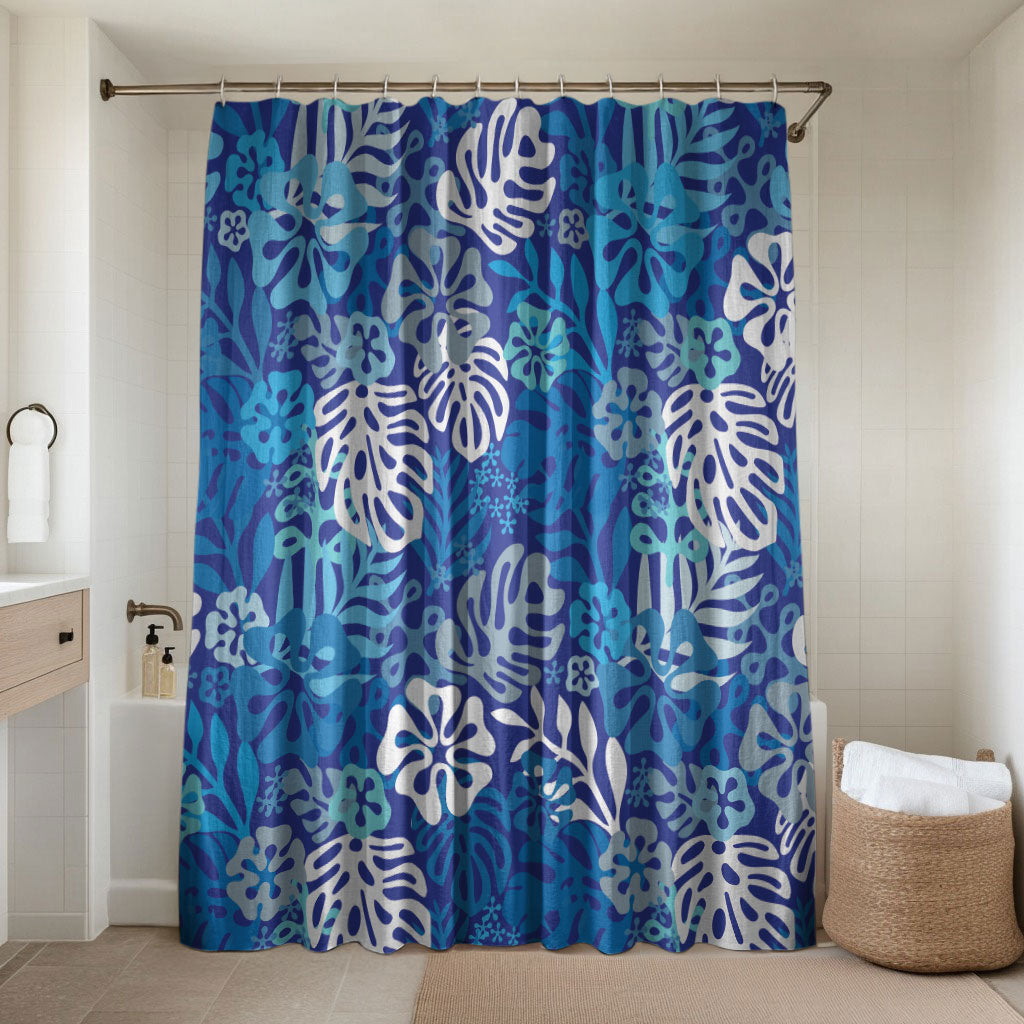 Blue Aloha Hawaiian Bathroom Set Monstera Hibiscus Tropical Pattern LT19 Shower Curtain Only Blue - Polynesian Pride