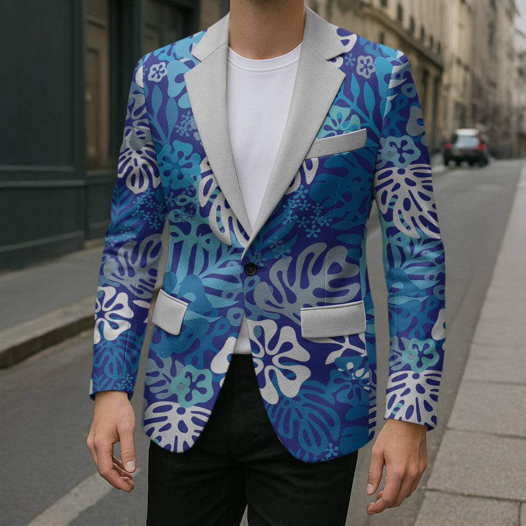 Blue Aloha Hawaiian Blazer Monstera Hibiscus Tropical Pattern LT19 - Polynesian Pride
