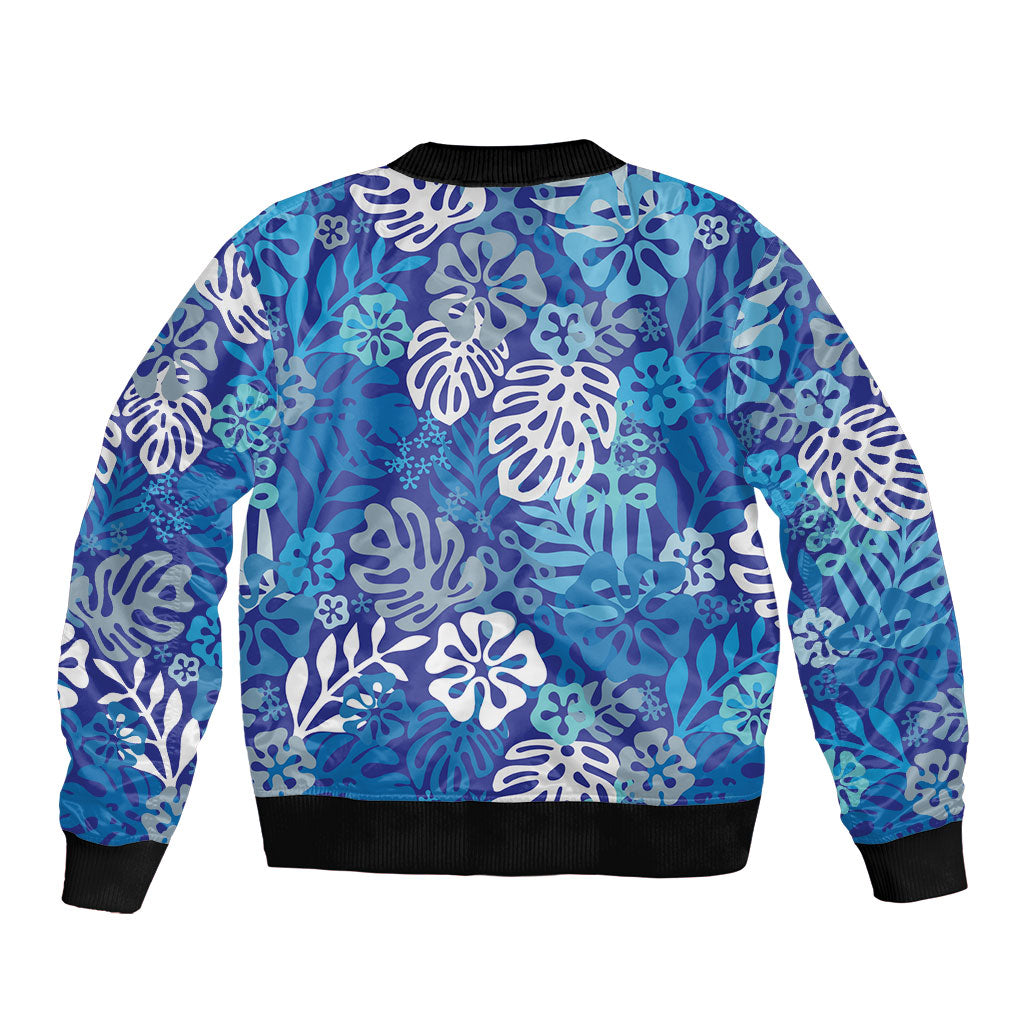 Blue Aloha Hawaiian Bomber Jacket Monstera Hibiscus Tropical Pattern LT19 - Polynesian Pride