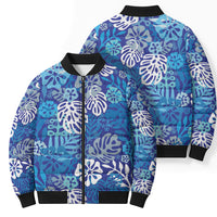 Blue Aloha Hawaiian Bomber Puffer Jacket Monstera Hibiscus Tropical Pattern LT19 - Polynesian Pride