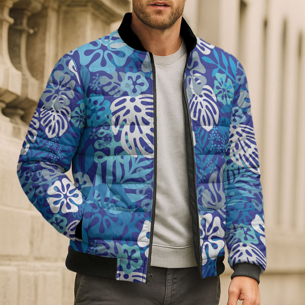 Blue Aloha Hawaiian Bomber Puffer Jacket Monstera Hibiscus Tropical Pattern LT19 - Polynesian Pride