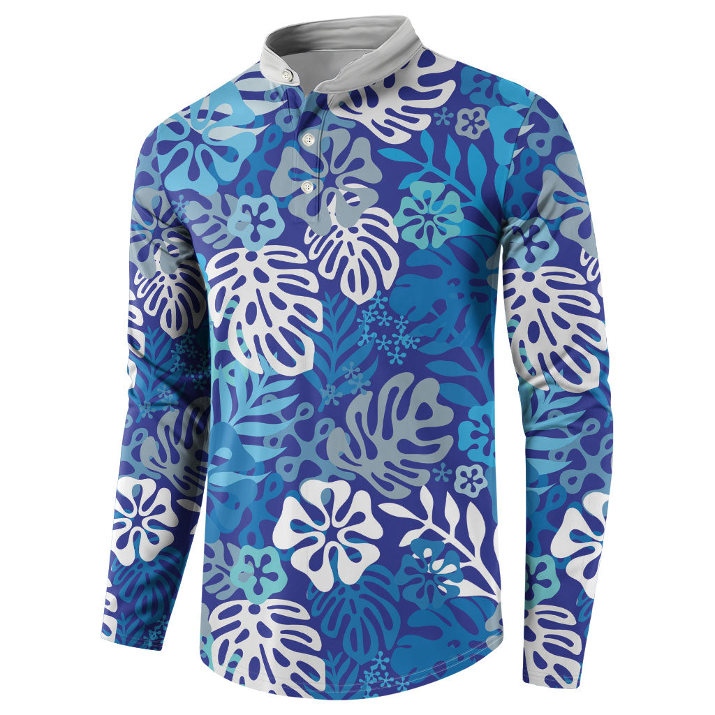 Blue Aloha Hawaiian Button Sweatshirt Monstera Hibiscus Tropical Pattern LT19 - Polynesian Pride