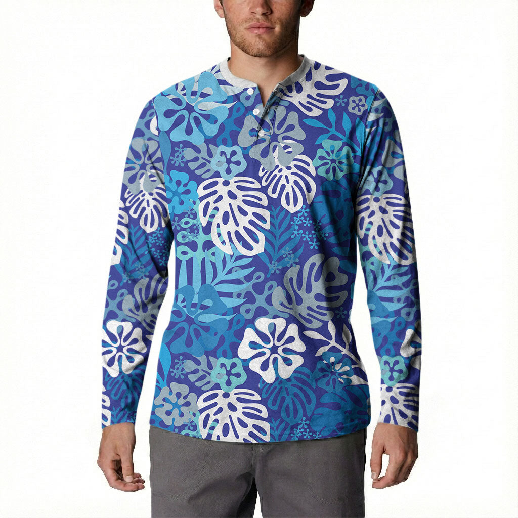 Blue Aloha Hawaiian Button Sweatshirt Monstera Hibiscus Tropical Pattern LT19 - Polynesian Pride