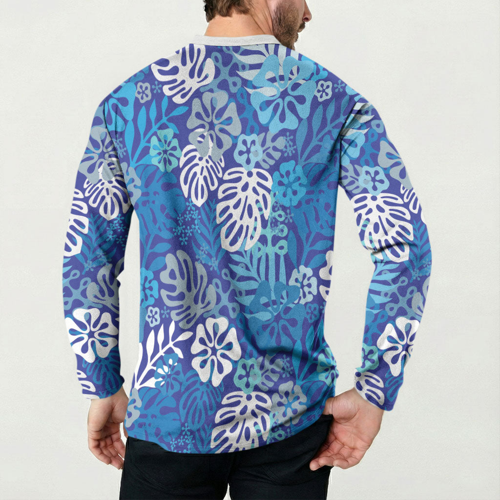 Blue Aloha Hawaiian Button Sweatshirt Monstera Hibiscus Tropical Pattern LT19 - Polynesian Pride