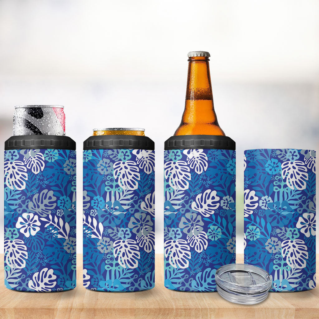 Blue Aloha Hawaiian 4 in 1 Can Cooler Tumbler Monstera Hibiscus Tropical Pattern LT19 - Polynesian Pride