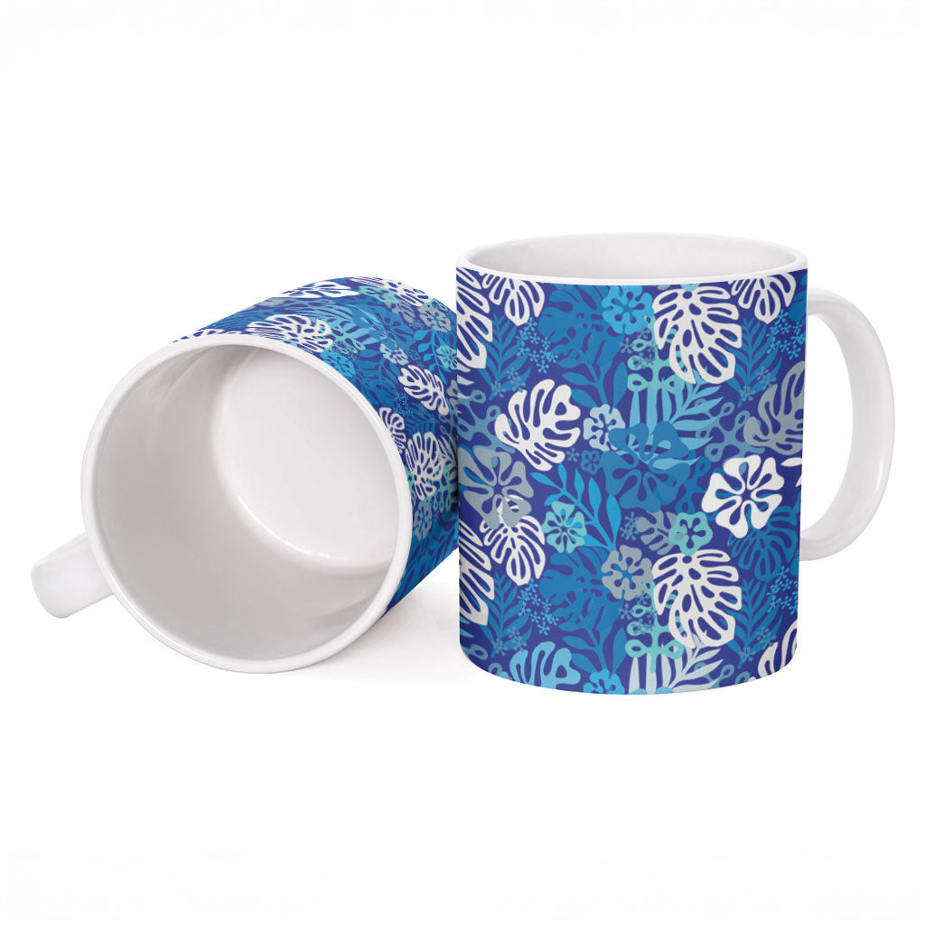 Blue Aloha Hawaiian Ceramic Mug Monstera Hibiscus Tropical Pattern LT19 - Polynesian Pride