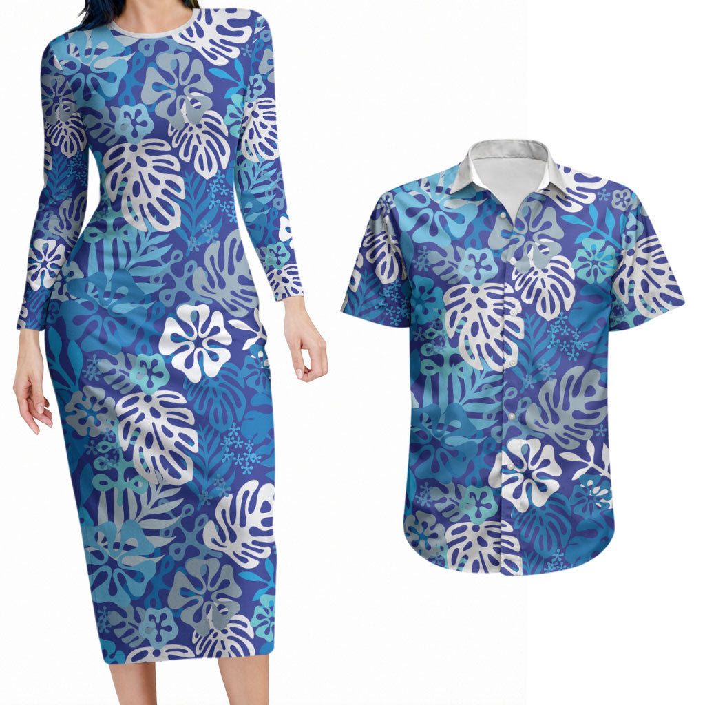 Blue Aloha Hawaiian Couples Matching Long Sleeve Bodycon Dress and Hawaiian Shirt Monstera Hibiscus Tropical Pattern LT19 Blue - Polynesian Pride