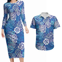 Blue Aloha Hawaiian Couples Matching Long Sleeve Bodycon Dress and Hawaiian Shirt Monstera Hibiscus Tropical Pattern LT19 Blue - Polynesian Pride