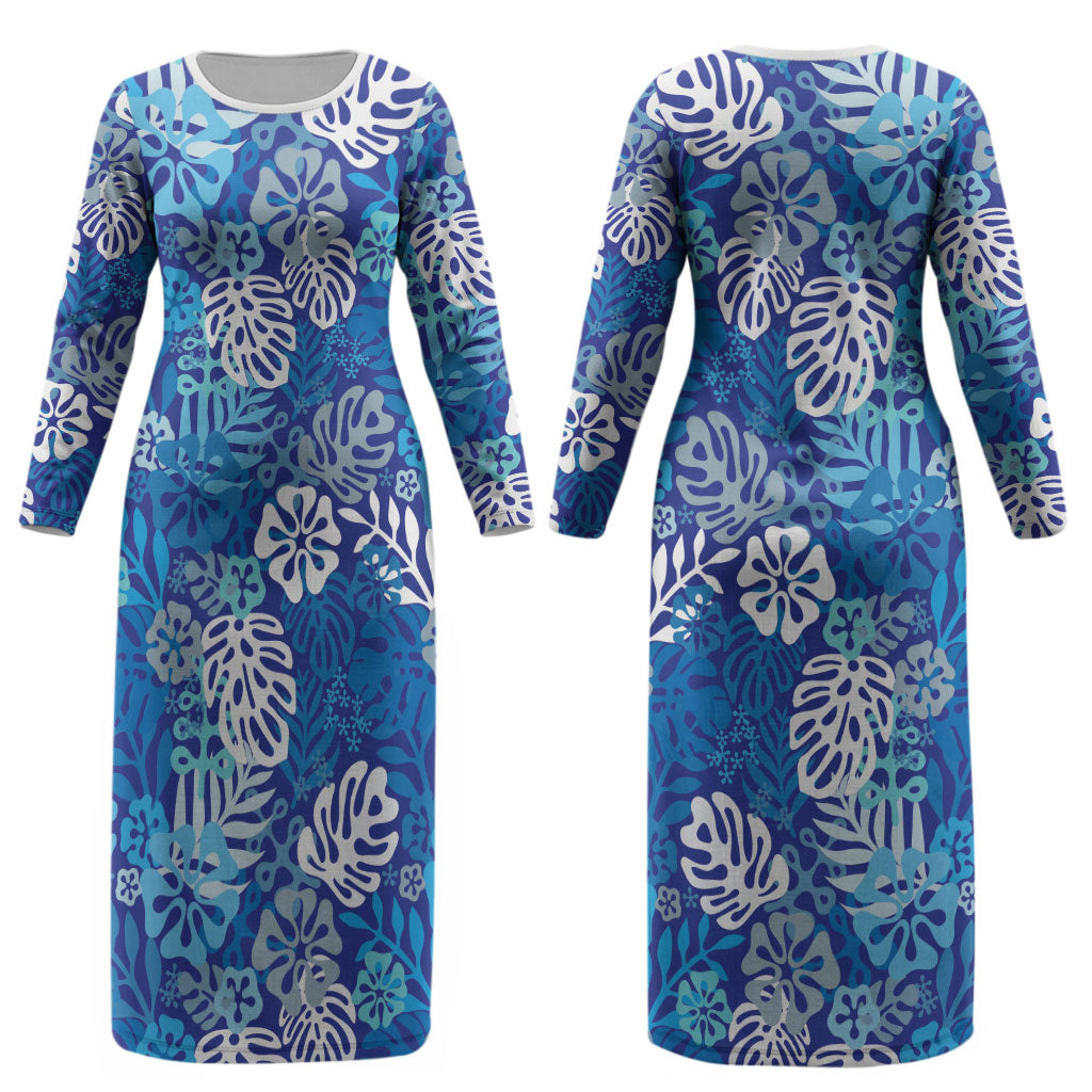 Blue Aloha Hawaiian Couples Matching Long Sleeve Bodycon Dress and Hawaiian Shirt Monstera Hibiscus Tropical Pattern LT19 - Polynesian Pride