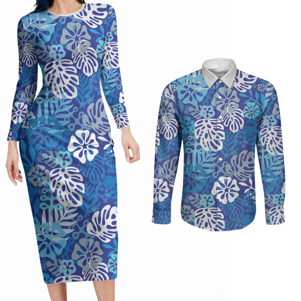 Blue Aloha Hawaiian Couples Matching Long Sleeve Bodycon Dress and Long Sleeve Button Shirt Monstera Hibiscus Tropical Pattern LT19 Blue - Polynesian Pride