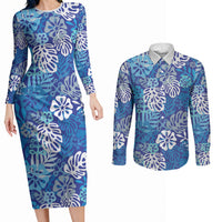 Blue Aloha Hawaiian Couples Matching Long Sleeve Bodycon Dress and Long Sleeve Button Shirt Monstera Hibiscus Tropical Pattern LT19 Blue - Polynesian Pride