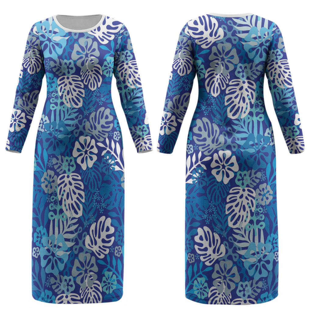 Blue Aloha Hawaiian Couples Matching Long Sleeve Bodycon Dress and Long Sleeve Button Shirt Monstera Hibiscus Tropical Pattern LT19 - Polynesian Pride