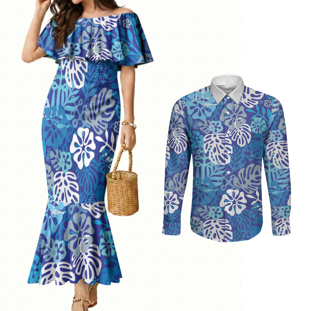 Blue Aloha Hawaiian Couples Matching Mermaid Dress and Long Sleeve Button Shirt Monstera Hibiscus Tropical Pattern LT19 Blue - Polynesian Pride