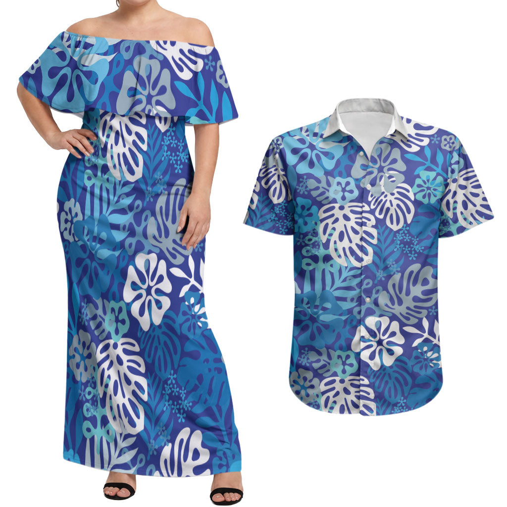 Blue Aloha Hawaiian Couples Matching Off Shoulder Maxi Dress and Hawaiian Shirt Monstera Hibiscus Tropical Pattern LT19 Blue - Polynesian Pride