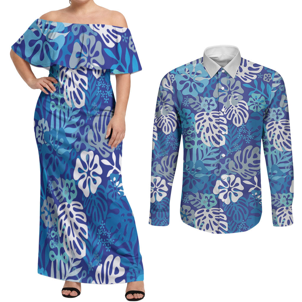 Blue Aloha Hawaiian Couples Matching Off Shoulder Maxi Dress and Long Sleeve Button Shirt Monstera Hibiscus Tropical Pattern LT19 Blue - Polynesian Pride