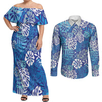 Blue Aloha Hawaiian Couples Matching Off Shoulder Maxi Dress and Long Sleeve Button Shirt Monstera Hibiscus Tropical Pattern LT19 Blue - Polynesian Pride