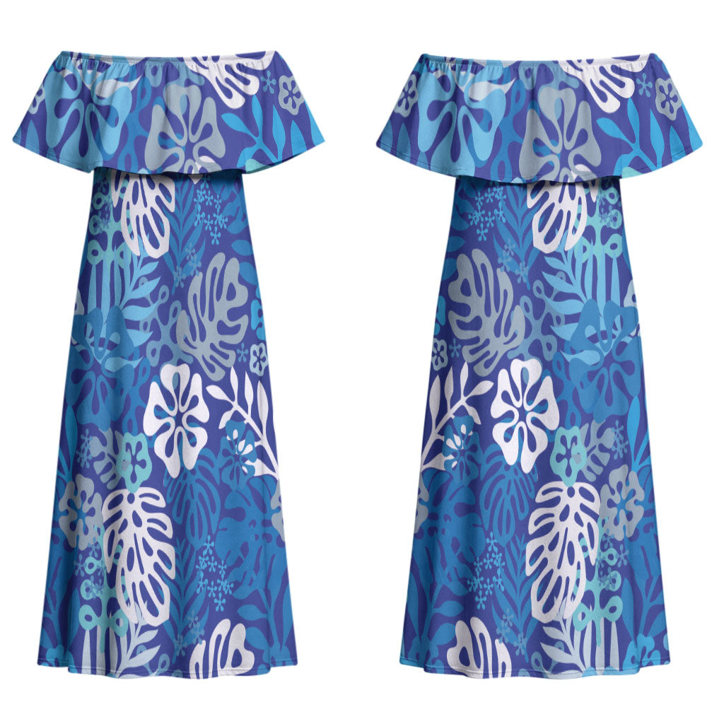 Blue Aloha Hawaiian Couples Matching Off Shoulder Maxi Dress and Long Sleeve Button Shirt Monstera Hibiscus Tropical Pattern LT19 - Polynesian Pride