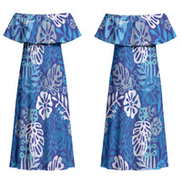 Blue Aloha Hawaiian Couples Matching Off Shoulder Maxi Dress and Long Sleeve Button Shirt Monstera Hibiscus Tropical Pattern LT19 - Polynesian Pride