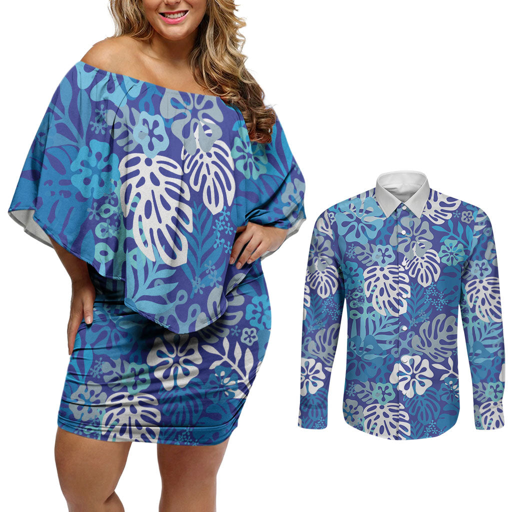 Blue Aloha Hawaiian Couples Matching Off Shoulder Short Dress and Long Sleeve Button Shirt Monstera Hibiscus Tropical Pattern LT19 Blue - Polynesian Pride