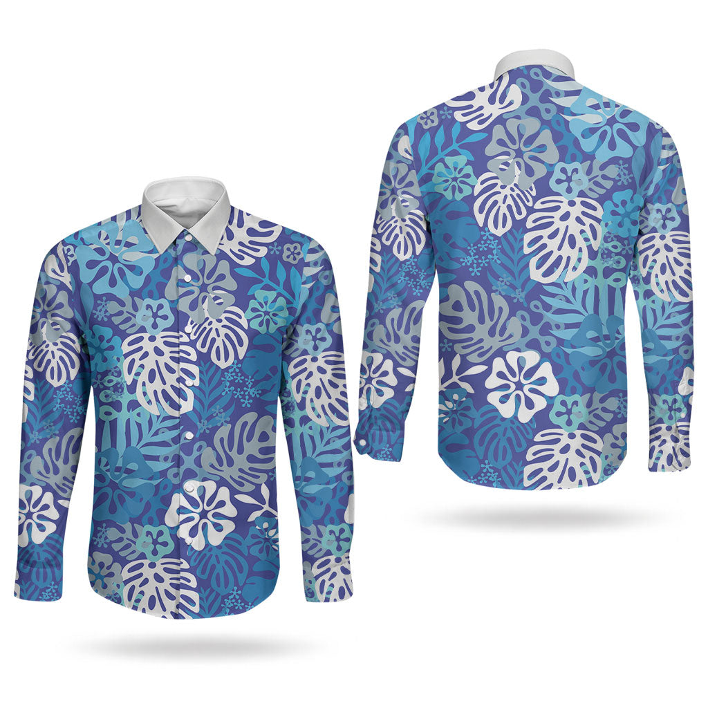 Blue Aloha Hawaiian Couples Matching Off Shoulder Short Dress and Long Sleeve Button Shirt Monstera Hibiscus Tropical Pattern LT19 - Polynesian Pride