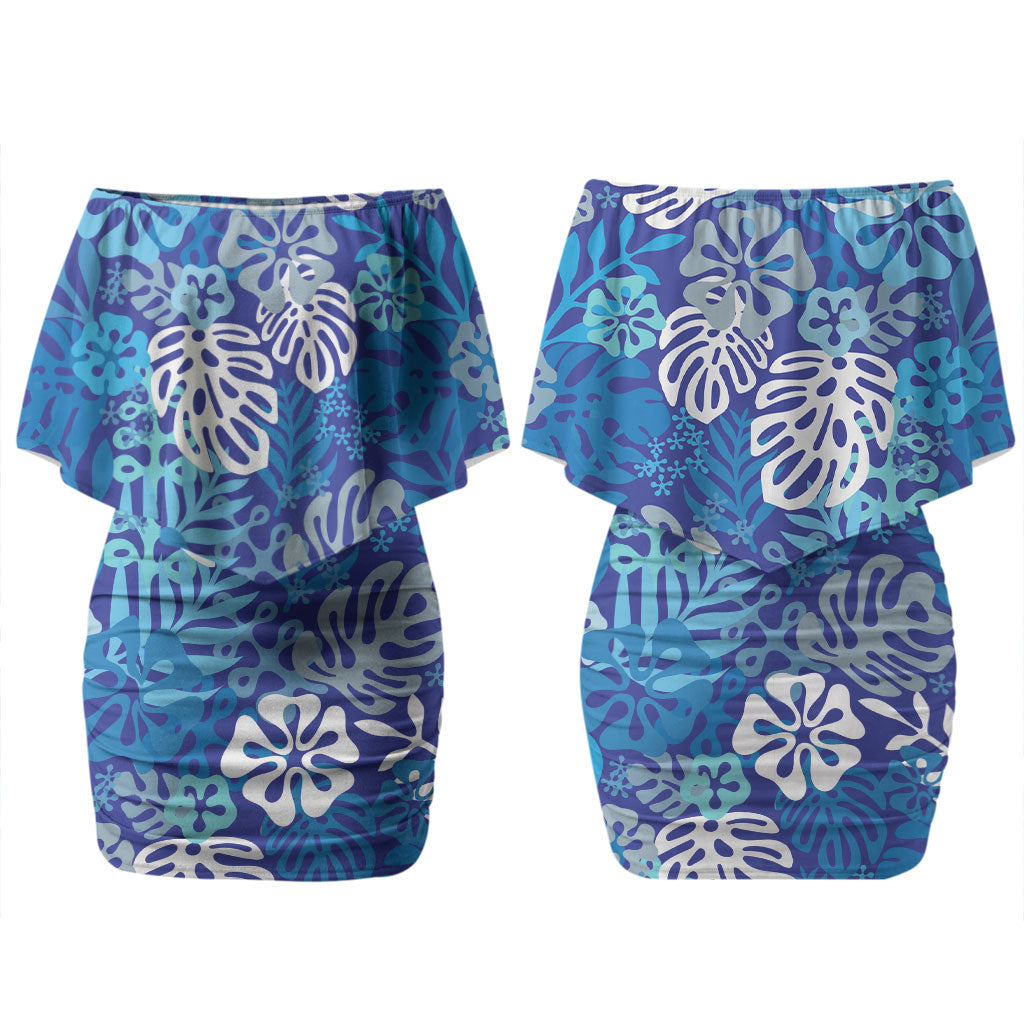 Blue Aloha Hawaiian Couples Matching Off Shoulder Short Dress and Long Sleeve Button Shirt Monstera Hibiscus Tropical Pattern LT19 - Polynesian Pride