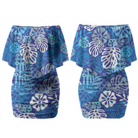 Blue Aloha Hawaiian Couples Matching Off Shoulder Short Dress and Long Sleeve Button Shirt Monstera Hibiscus Tropical Pattern LT19 - Polynesian Pride