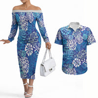 Blue Aloha Hawaiian Couples Matching Off The Shoulder Long Sleeve Dress and Hawaiian Shirt Monstera Hibiscus Tropical Pattern LT19 Blue - Polynesian Pride