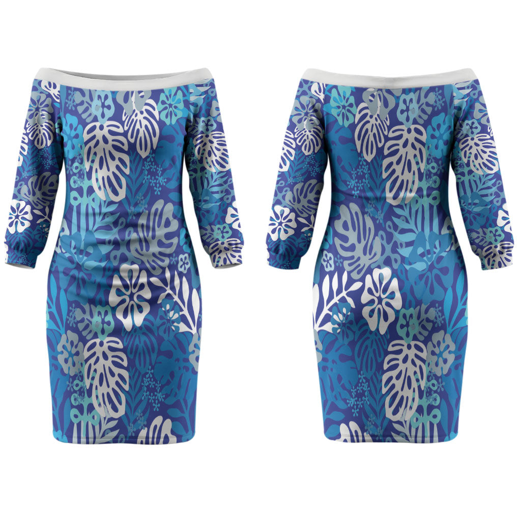 Blue Aloha Hawaiian Couples Matching Off The Shoulder Long Sleeve Dress and Hawaiian Shirt Monstera Hibiscus Tropical Pattern LT19 - Polynesian Pride