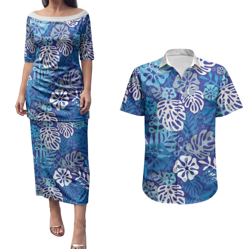 Blue Aloha Hawaiian Couples Matching Puletasi and Hawaiian Shirt Monstera Hibiscus Tropical Pattern LT19 Blue - Polynesian Pride