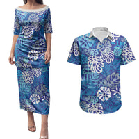 Blue Aloha Hawaiian Couples Matching Puletasi and Hawaiian Shirt Monstera Hibiscus Tropical Pattern LT19 Blue - Polynesian Pride