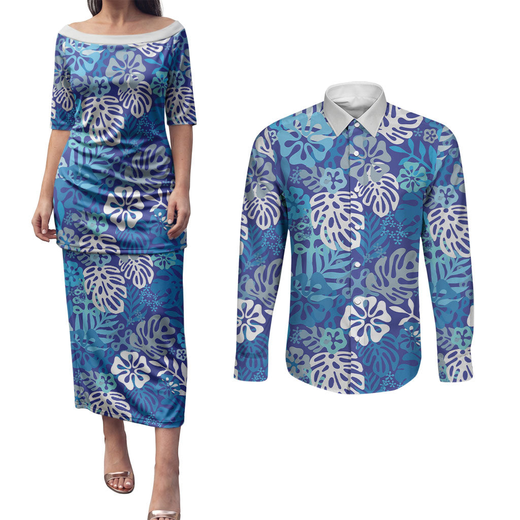 Blue Aloha Hawaiian Couples Matching Puletasi and Long Sleeve Button Shirt Monstera Hibiscus Tropical Pattern LT19 Blue - Polynesian Pride