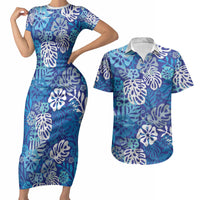 Blue Aloha Hawaiian Couples Matching Short Sleeve Bodycon Dress and Hawaiian Shirt Monstera Hibiscus Tropical Pattern LT19 Blue - Polynesian Pride
