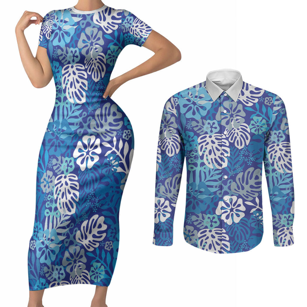 Blue Aloha Hawaiian Couples Matching Short Sleeve Bodycon Dress and Long Sleeve Button Shirt Monstera Hibiscus Tropical Pattern LT19 Blue - Polynesian Pride