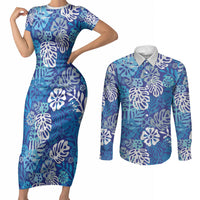 Blue Aloha Hawaiian Couples Matching Short Sleeve Bodycon Dress and Long Sleeve Button Shirt Monstera Hibiscus Tropical Pattern LT19 Blue - Polynesian Pride