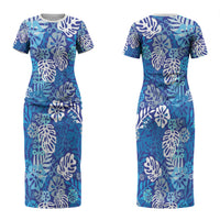 Blue Aloha Hawaiian Couples Matching Short Sleeve Bodycon Dress and Long Sleeve Button Shirt Monstera Hibiscus Tropical Pattern LT19 - Polynesian Pride