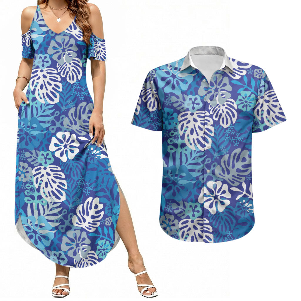 Blue Aloha Hawaiian Couples Matching Summer Maxi Dress and Hawaiian Shirt Monstera Hibiscus Tropical Pattern LT19 Blue - Polynesian Pride