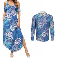 Blue Aloha Hawaiian Couples Matching Summer Maxi Dress and Long Sleeve Button Shirt Monstera Hibiscus Tropical Pattern LT19 Blue - Polynesian Pride