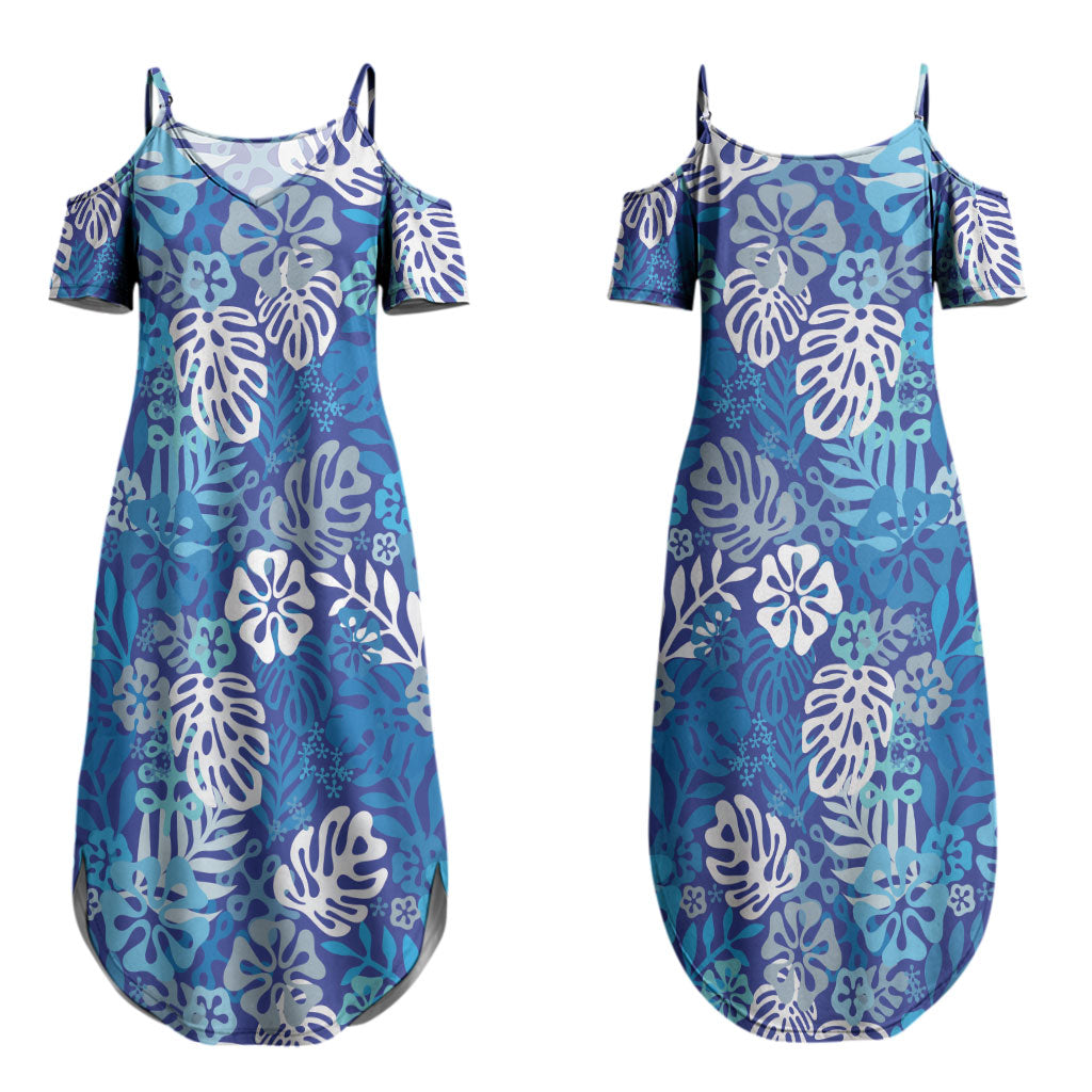 Blue Aloha Hawaiian Couples Matching Summer Maxi Dress and Long Sleeve Button Shirt Monstera Hibiscus Tropical Pattern LT19 - Polynesian Pride
