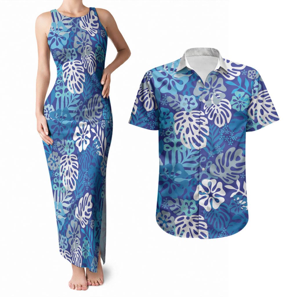 Blue Aloha Hawaiian Couples Matching Tank Maxi Dress and Hawaiian Shirt Monstera Hibiscus Tropical Pattern LT19 Blue - Polynesian Pride